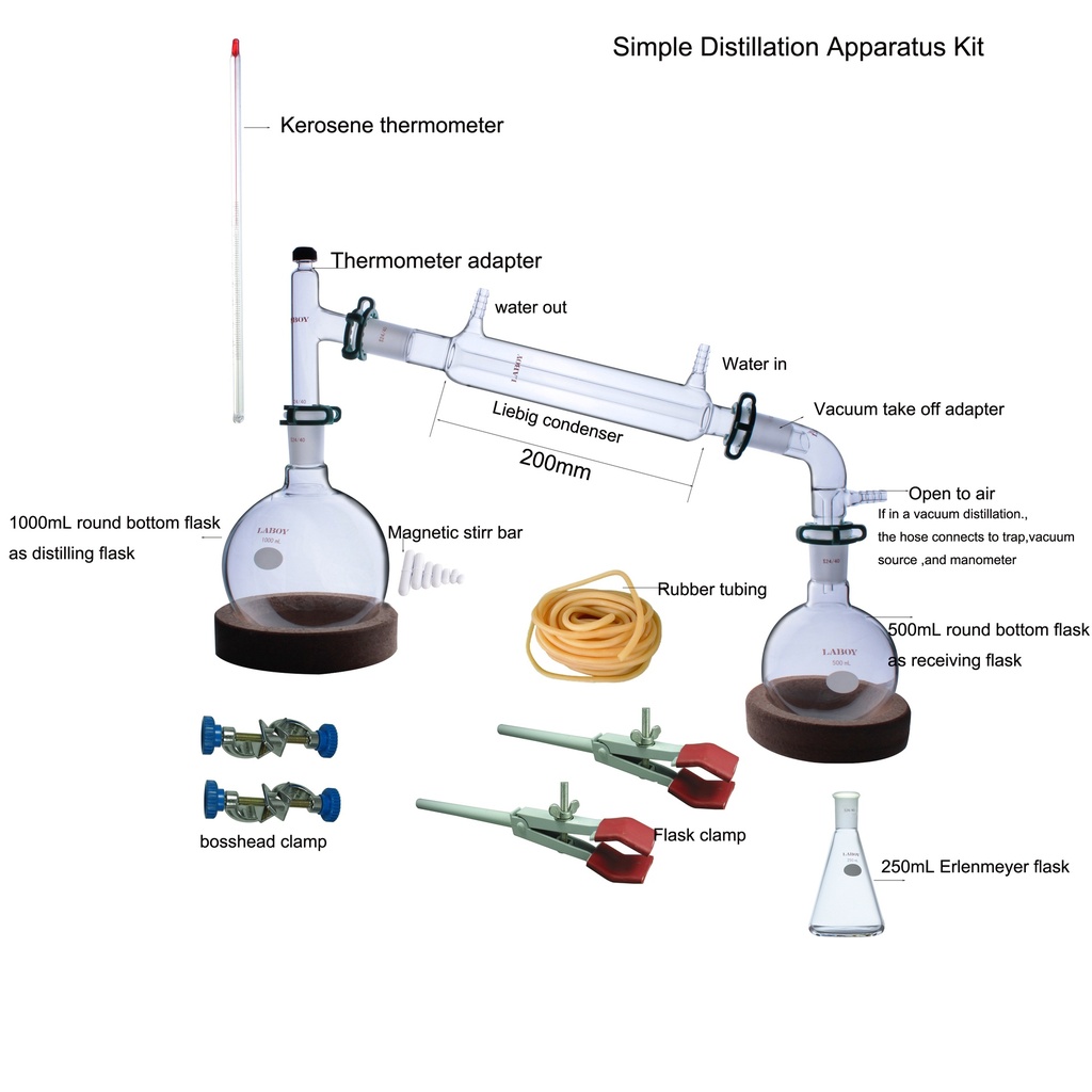 Laboy Glass Revised Simple Distillation Apparatus Kit Distilling Set with 24/40 Joints Organic Chemistry Lab Glassware Equipment Lab Clamps Included