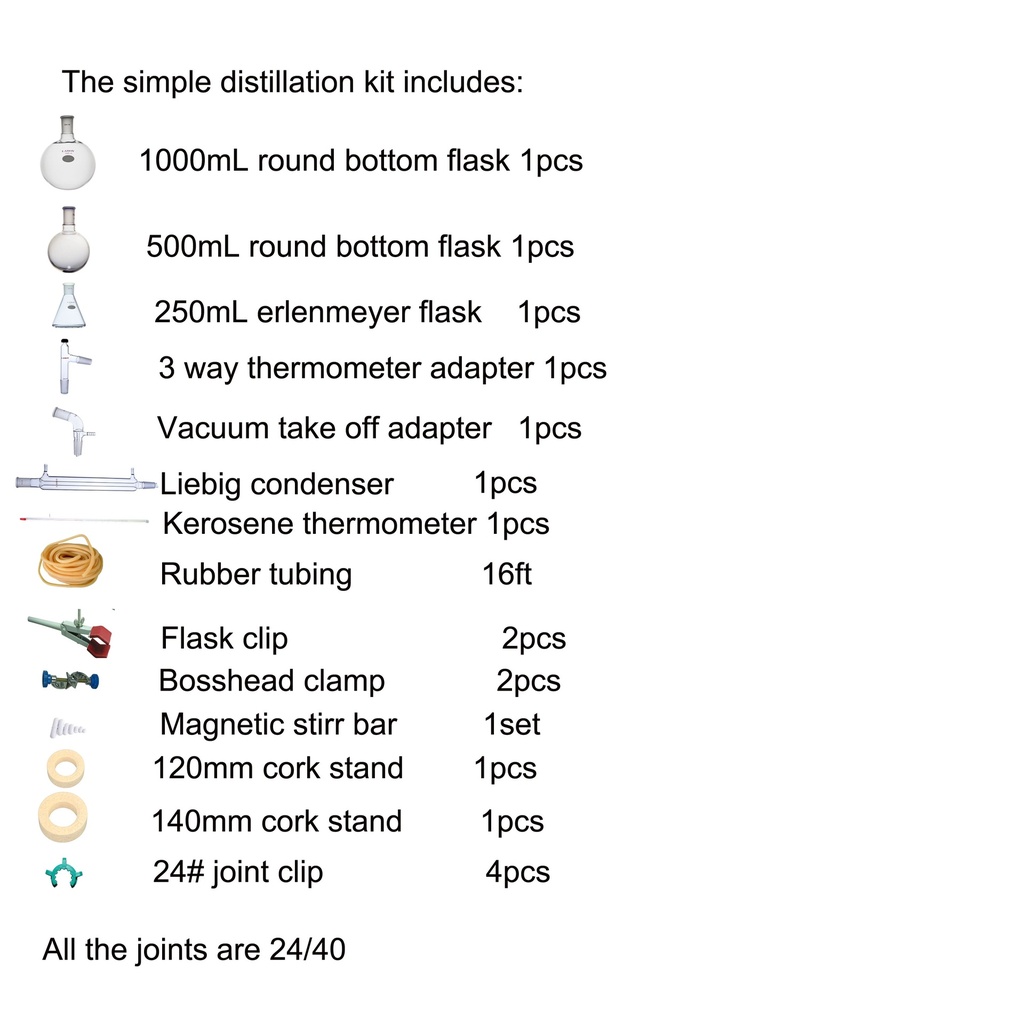 Laboy Glass Revised Simple Distillation Apparatus Kit Distilling Set with 24/40 Joints Organic Chemistry Lab Glassware Equipment Lab Clamps Included