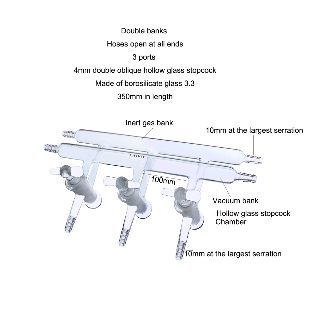 Laboy Glass Double Maniflod Vacuum Gas Distributor For Schlenk Line With Hollow Glass Stopcock Air-Free Chemistry Lab Glassware