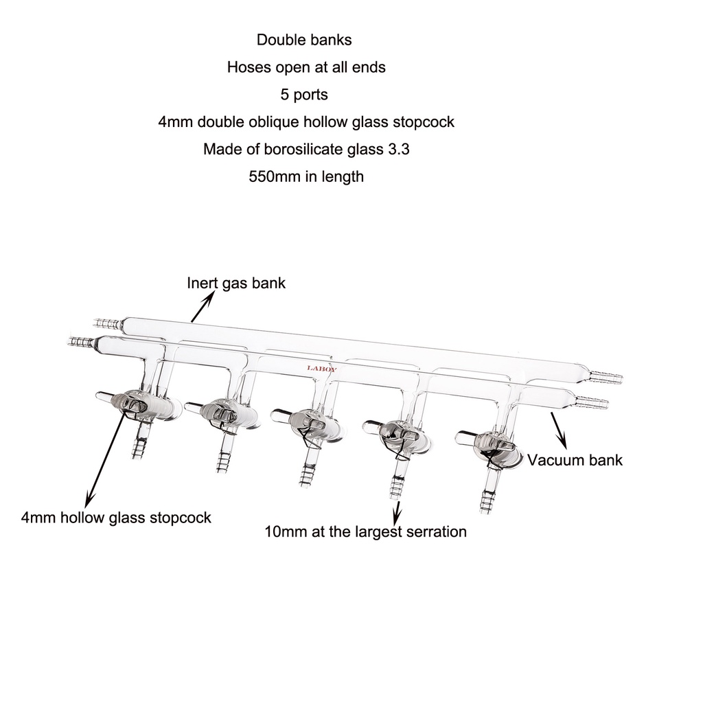 Laboy Glass Double Maniflod Vacuum Gas Distributor For Schlenk Line With Hollow Glass Stopcock Air-Free Chemistry Lab Glassware