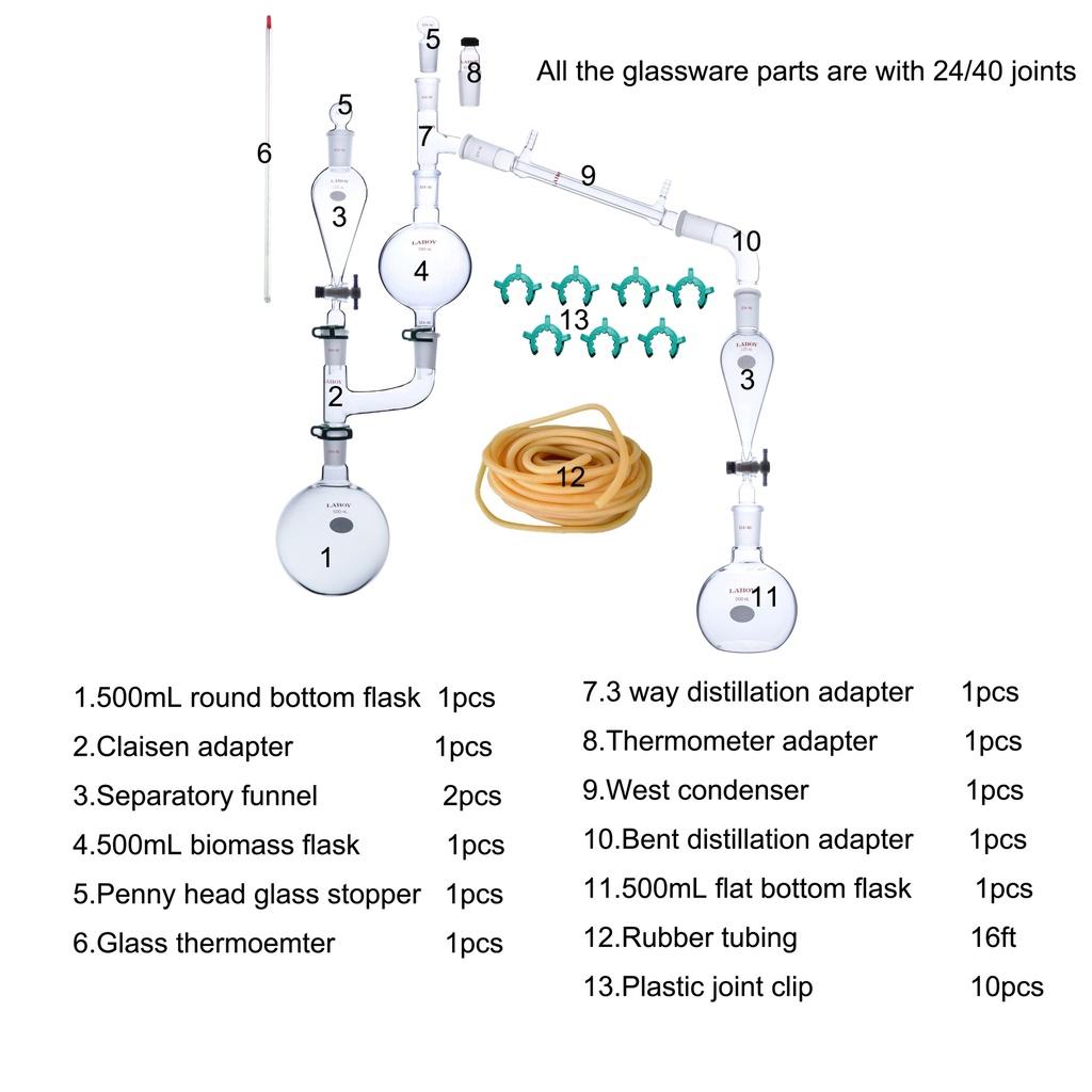 Laboy Glass Steam Distillation Apparatus For Essential Oil Extraction Lab Glassware Kit(5 items)