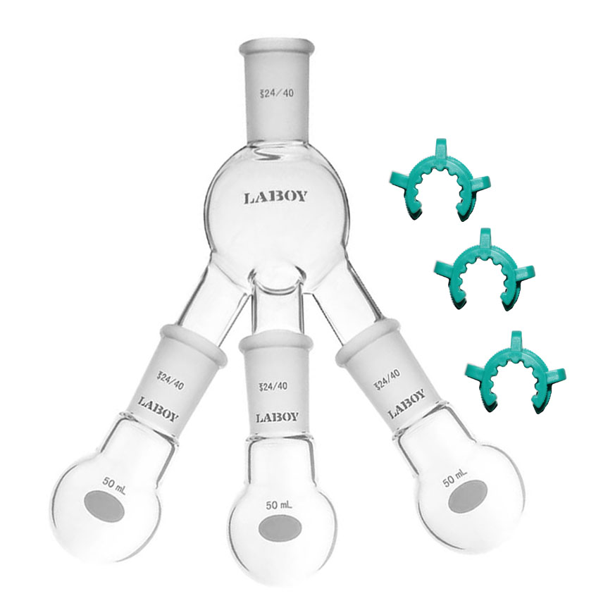 Laboy Glass 24/40 Distillation Receiver With 3Pcs 50ml Rbf And 3Pcs Clips