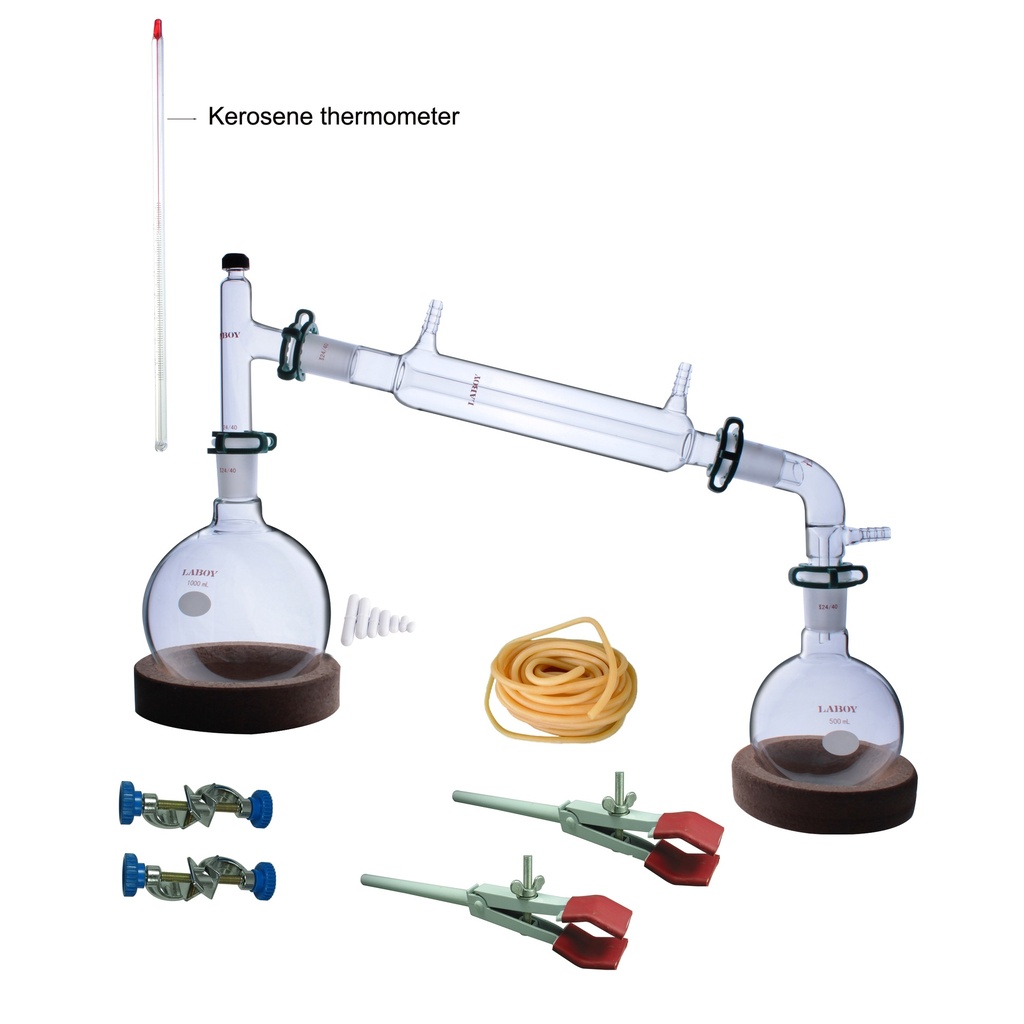 Laboy Glass Revised Simple Distillation Apparatus Kit Distilling Set with 24/40 Joints Organic Chemistry Lab Glassware Equipment Lab Clamps Included